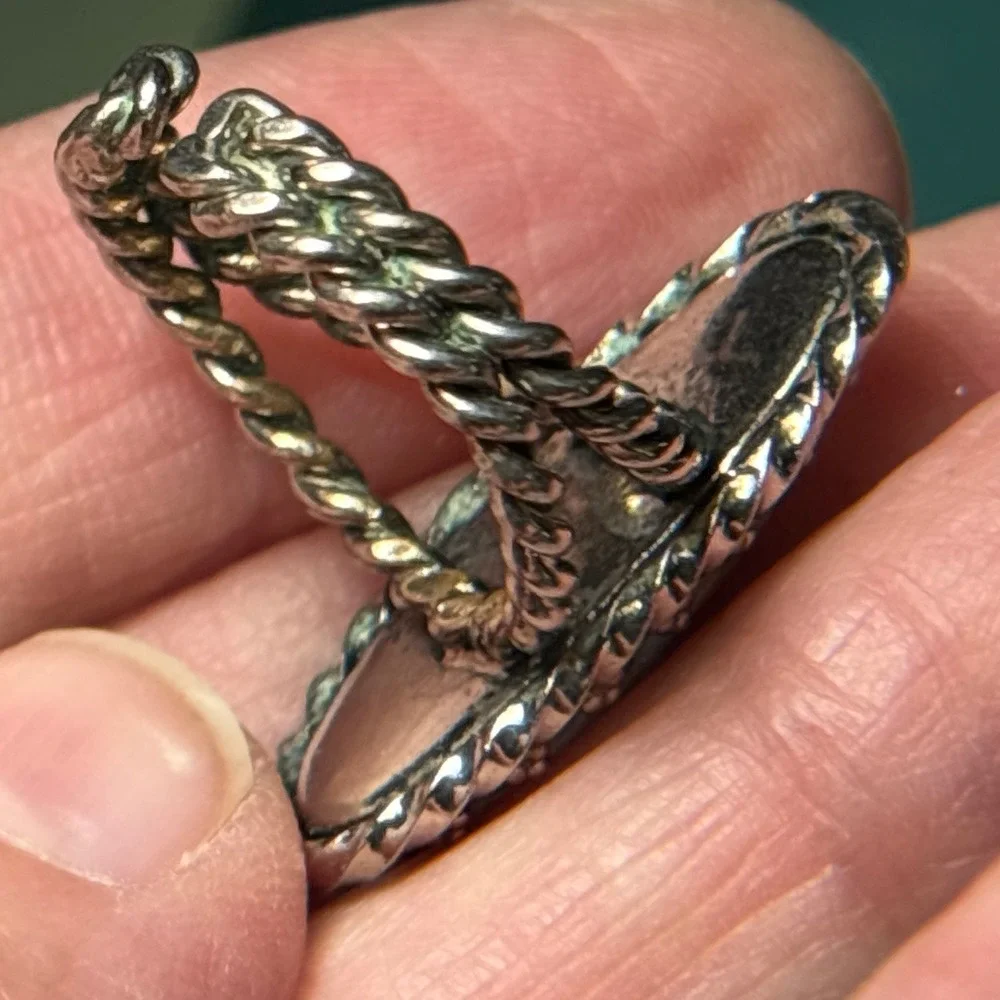 Vintage Silver Tone Oval Turquoise Adjustable Ring Rope Twist Design W‎ Germany